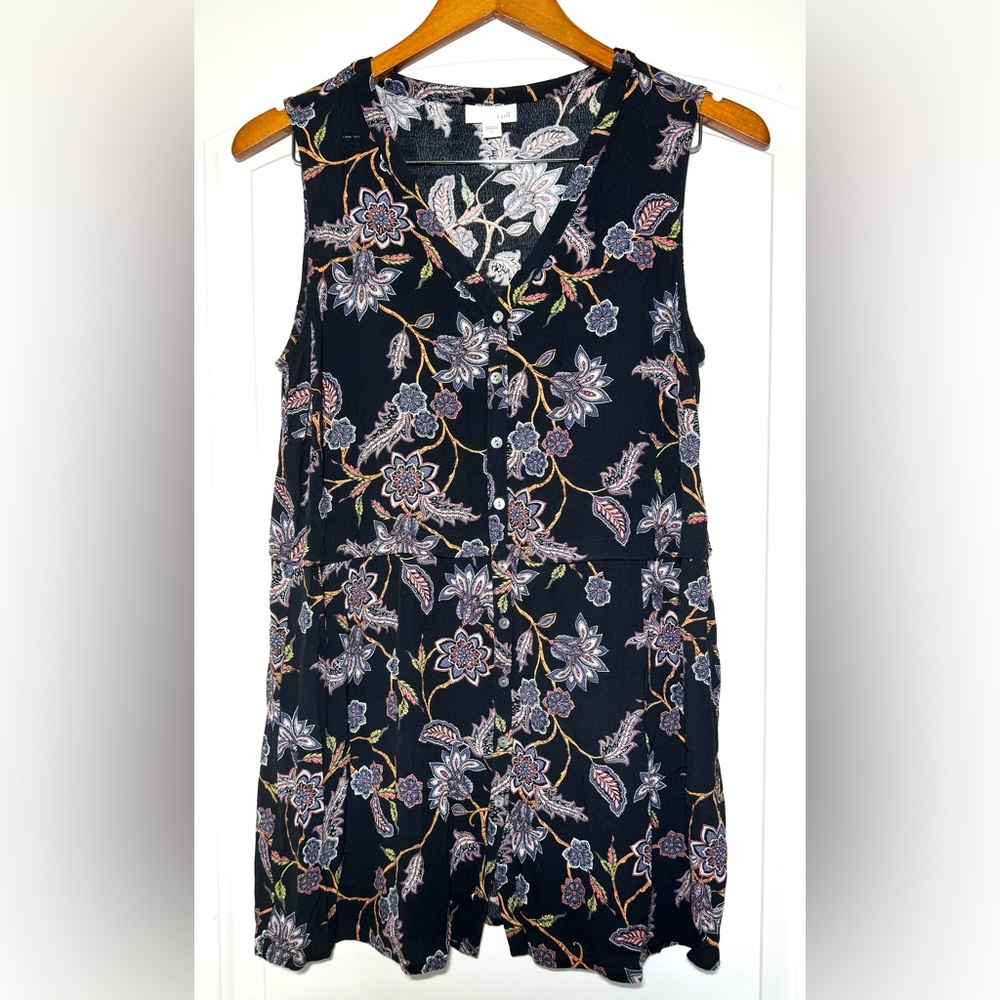 J. Jill Black Floral Print Small Rayon Sleeves Lightweight Top